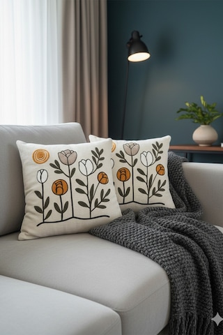 Punch İşlemeli Modern Tasarım Dekoratif 2'li Kırlent Kılıfı Nakışlı Keten 43x43 Cm Çiçeklilalelimodel