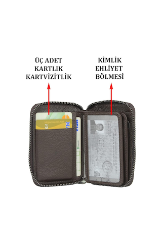 Case Club Fermuarlı Deri Erkek Kartlık Ehliyet Kimlik Ve Kağıt Para Bölmeli Kahverengi