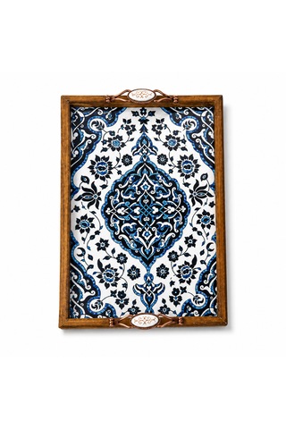 Foundex Çinili Tepsi 45x27 El Yapımı Tepsi Büyük Boy Mavi