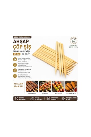 Zvnm 60 Adet Ahşap Geniş Çöp Şiş - Adana Kebap Şişi - 25 Cm Zcv12 Renkli