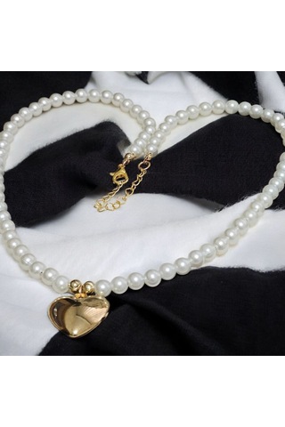 İnci Detaylı Kalp Uçlu Kolye Altın Renk Kalpli Kadın Choker Tak Gold