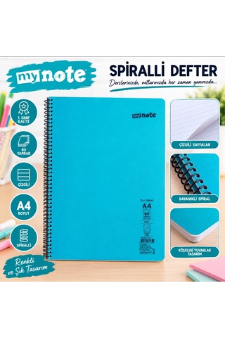 Mynote Okul Defteri Çizgili 80yaprak Spiralli Renkli Kapaklı Büyük Boy Mavi