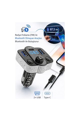 Kadınlara Özel Araç İçi Kristal Taşlı Fm Transmitter Bluetooth Usb Type-c Oto Çakmaklık