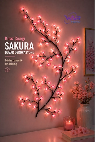 Kiraz Çiçeği Sakura Led Duvar Dekoru 144 Led Ağaç Dalı Işık, 8 Mod, Kumandalı Pembe