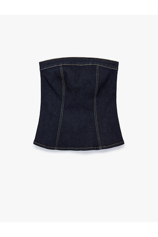 Koton Pamuklu Fermuarlı Slim Fit Straplez Kolsuz Denim Bluz Koyu İndigo 6sal30028md Dark Indigo