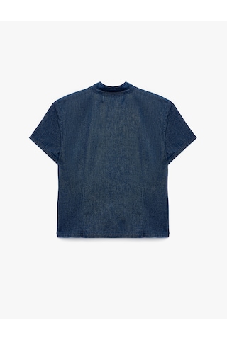 Koton Damla Pencere Detaylı Süslü Düğmeli Kapama Dik Yaka Kısa Kollu Denim Bluz Koyu İndigo 7wal30012md Dark Indigo