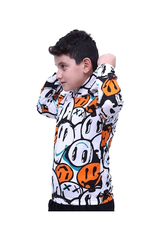 Fyk Kids Gülen Yüz Desenli Kapşonlu Unisex Sweatshirt Turuncu