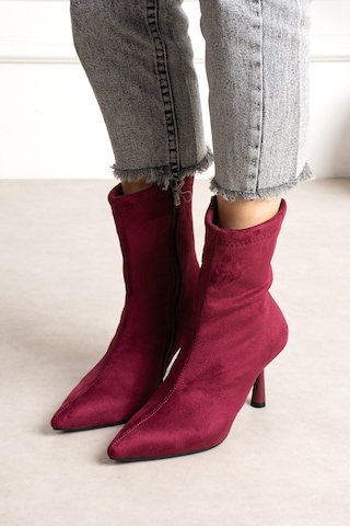 Dabab Shoes Marya Kadın Bordo Streç Lüks Süet Sivri Burun Sıcak Astarlı Fermuarlı 7 Cm İnce Topuklu Bot Bootie