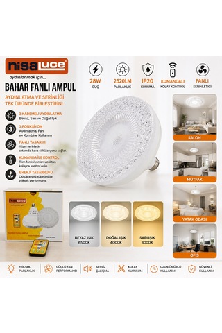 Tavan 28w - Ip20 - 2520lm Kumandalı - 3 Kademeli - 3 Fonksiyon 38x15cm Bahar Fanlı Vantilatör Ampul Beyaz-sarı-doğa