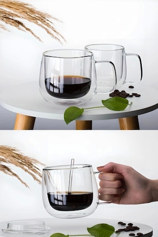 Çift Cidarlı Kupa Bardak 450 Ml Kahve Çay Fincanı Borosilikat Ev Ofis Espresso