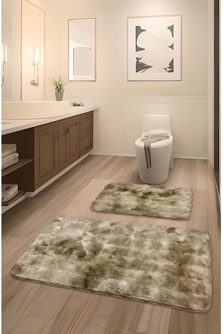 Bubble Tavşan Tüyü, Kaymaz Taban, Pofuduk, Ultra Lüks, Yıkanabilir 2'li Banyo Paspası Eskitme Camel Çok Renkli