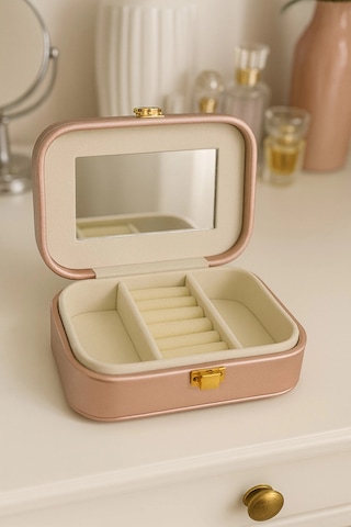 Deri Mini Seyahat Takı Bijuteri Mücevher Kutusu Organizer Düzenleyici 15cm Pembe İthal Ürün