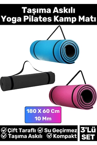 Özel Çift Taraflı Kaymaz Silinebilir Yoga Meditasyon Fitness Kamp Minderi 10 Mm Askılı Mat 3'lü Set Çok Renkli