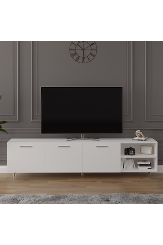 Asra Trend Tv Ünitesi T-18 %100 MDF 200 cm Büyük Boy Tv Sehpası Dolaplı Raflı Beyaz