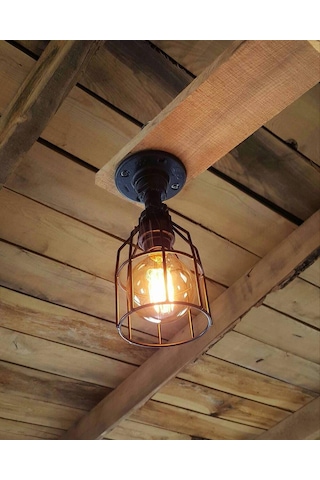 Endüstriyel Malzeme Demir Boru Sarı Ampulden, Rustik Tavan Avize Siyah