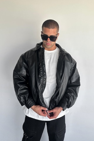 Siyah Oversize Dolgulu Bomber Deri Ceket Siyah