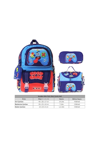 Kaukko Kids Good Game Lacivert - Kırmızı Renk Erkek Çocuk Üçlü İlkokul Okul Çantası Seti/takımı - Setkk-l5389a Çok Renkli