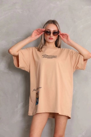 Freedom Storee Kadın Bisiklet Yaka Baskılı Oversize Kısa Kol T-shirt - Bej Çok Renkli