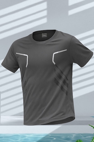Genius Store Erkek Spor Tişört Antreman Gym Polyester Erkek Sporcu T-shirt Şeritli-tişört Füme