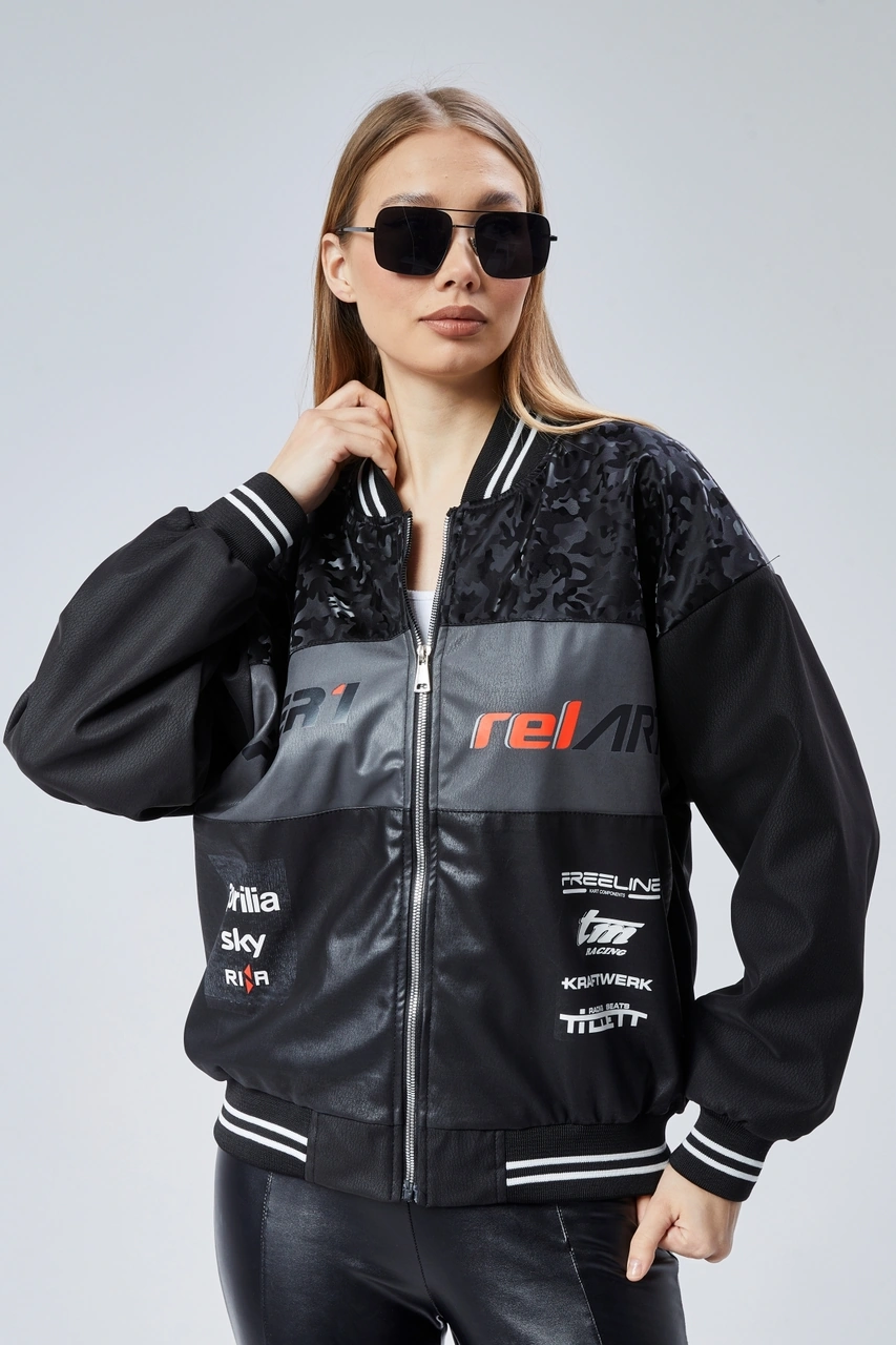 Kadın Oversize Baskılı Motorcu Yarışçı Montu Kolej Ceketi Kamuflaj