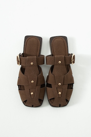 Duxal Shoes Fabian Kadın Camel Süet Kafesli Sandalet Terlik Toka Detaylı Acıkahve