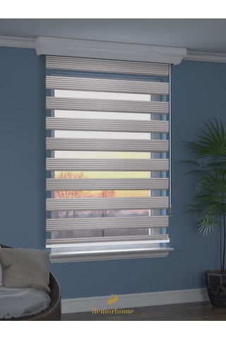 Br Demor Home Geniş Pliseli Açık Gri Zebra Stor Güneşlik Perde Metal Kasa Açık Gri