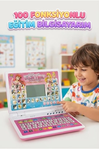 2'si 1 Arada 100 Fonksiyonlu Prenses Tasarımlı Pembe Türkçe Eğitici Oyuncak Laptop