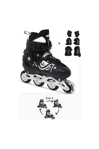 Işıklı Çocuk Pateni Silikon Ayarlanabilir Teker Metal Gövde Numaralı Ve Koruma Seti Siyah