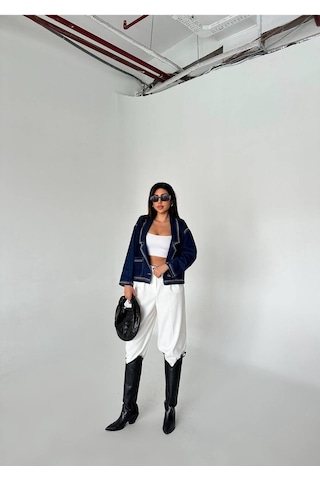 Zdnjeans Kadın Droplu Detaylı Denim Ceket Blazer Yaka, Cep Detaylı Koyu Mavi