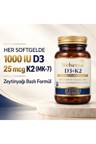 D3k2 Vitamin D3 1000 Iu Ve Vitamin K2 25 Mcg Mk-7 60 Softjel Kapsül