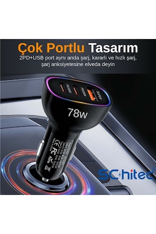 Schitec 78w 3 Portlu Araç Şarj Aleti Çift Type-c Pd 30w + Usb Qc 3.0 Hızlı Şarj Rgb Işıklı Hg/cc-10
