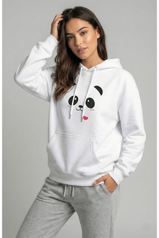 Nevermind Unisex Sevgili Çift Kombini Oversize Panda Baskılı Çift Hoodie Beyaz