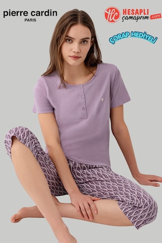 Pierre Cardin Paris Premium Kadınbüyük Beden Modal Pamuklu Rahat Kalıp Kısa Kollu Kapri Pijama Takım Lila