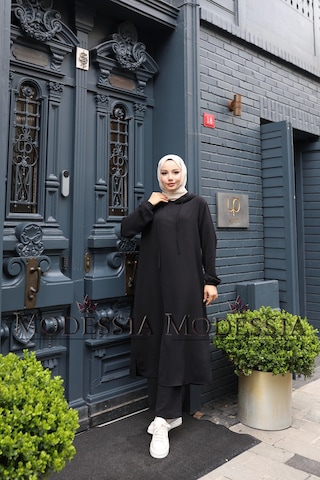 Kadın Siyah Aerobin Uzun Kapşonlu İkili Takım T0221 Siyah