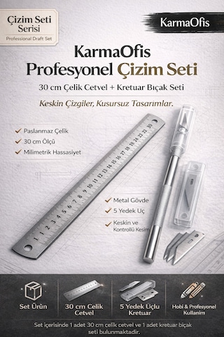 30 Cm Çelik Cetvel Ve Kretuar Bıçak Seti Çizim Seti Mimari Maket Hobi Kesim