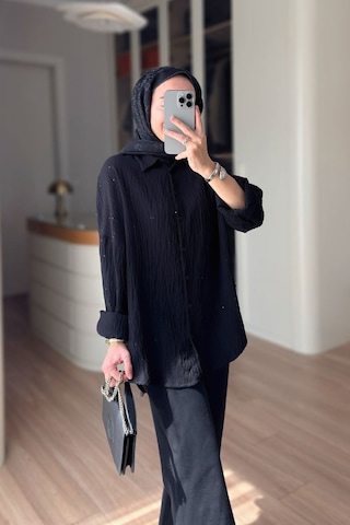 Kahijab Nakışlı Pul Detay Oversize Gömlek - Siyah