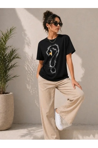 Defymoda Kuğu Figürlü Soru İşareti Baskılı Tişört Kısa Kol T-shirt - Siyah