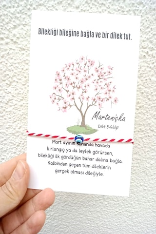 Nazar Dilek Ağacı Marteniçka Dilek Bilekliği - Kartlı Ve Jelatinli - Şans Bilekliği- 5 Adet - 9x14 Kırmızı - Beyaz