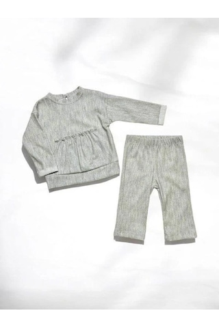 Kız Bebek Kanguru Cep Detaylı Pantolonlu Takım-14895 Gri