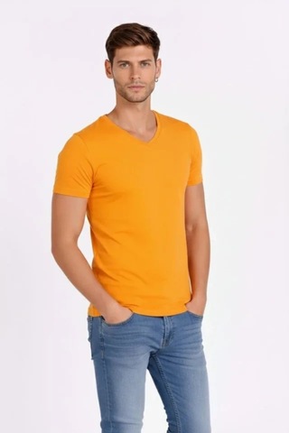 Butik İstanbul Erkek T-shirt V Yaka Slim Fit Dar Kesim Likralı Tişört Günlük Basic Body - Sarı