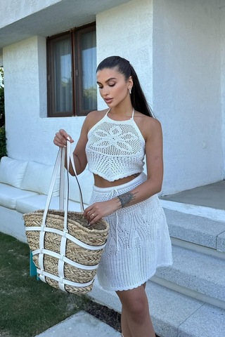 Kadın Ekru Pamuk Dokuma Askılı Halter Yaka Takım Ekru