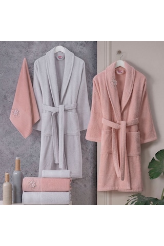 Hobby Line %100 Saf Pamuk Aile Bornoz Seti-pembe Gri Pembe - Gri