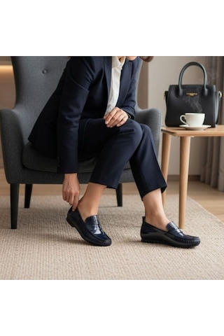 Ne&ve Shoes Lacivert Rugan Deri Astarsız Esnek Kadın Günlük Şık Ve Rahat Loafer