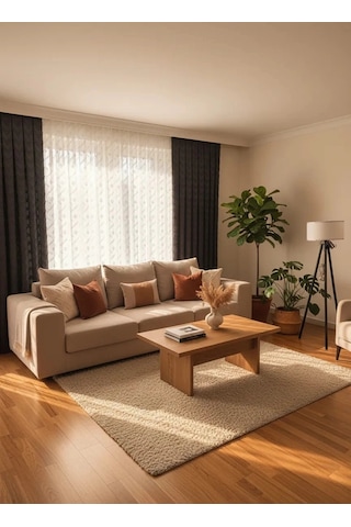 Nivemeshome Sedef 1-0093 Tam Desen Ekru 1/3 Pileli Tül Perde Çok Renkli