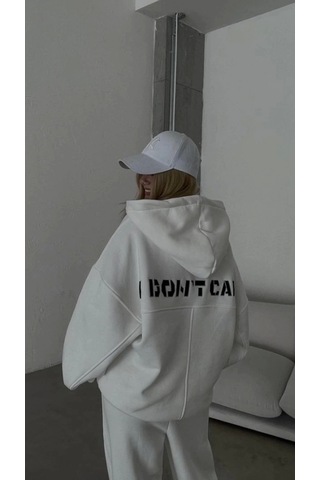 Defymoda Nakış İşlemeli Üç İplik Sweat Takım- Beyaz Beyaz