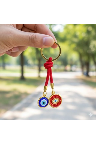 Mavi Kırmızı Nazar Boncuklu Anahtarlık - Premium Metal Halkalı Koruyucu Charm