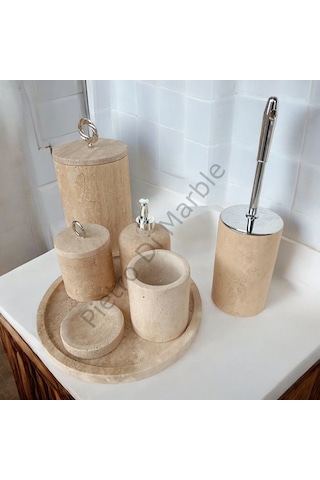 Sarı Traverten Klasik Model 7 Parça Gümüş Renk Halka Aksesuarlı Banyo Seti Sarı Traverten