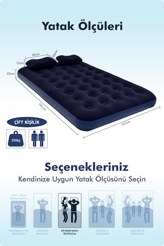 Livenzi Nature Çift Kişilik Şişme Yatak Yastık + Manuel Şişirme Pompası 191 137 22 Cm Lacivert