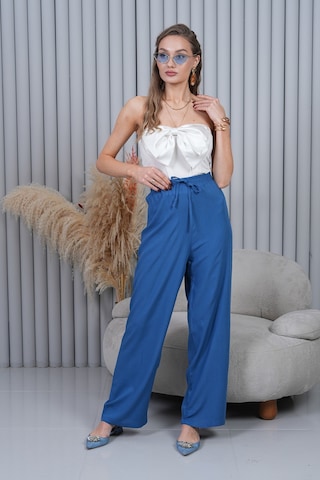 Polologin Butik Beli Bağcıklı Yüksek Bel Bol Paça Mavi Pantolon Kapalı Mavi