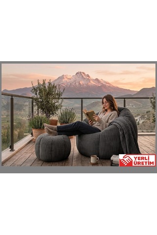 Herev Puf/ Tekli Puf Berjer / Baba Koltuğu / Papatya Modelli Kadife Kumaşlı Puf Takımı Füme - Gri
